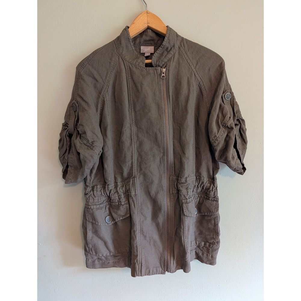 J. Jill Women Linen Blend Utility Jacket Olive Green Asymmetric Zip Size Medium
